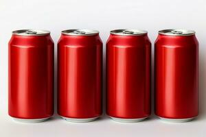 ai generado popular de color rojo aluminio latas arreglado en un blanco superficie foto