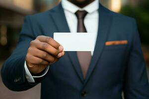 AI generated Sharp presentation A close up of a man's hands in a suit displaying a business card mockup AI Generated photo