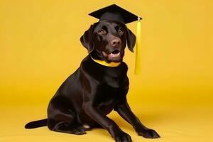 ai generado graduado perrito perro en amarillo antecedentes. neural red ai generado foto