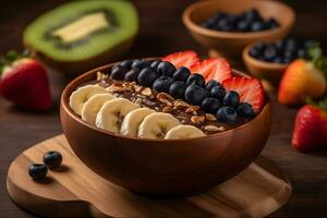 ai generado sano sabroso desayuno. harina de avena con bayas y frutas neural red ai generado foto