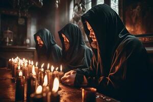 ai generado ritual de medieval sacerdotes con velas en el templo. neural red ai generado foto