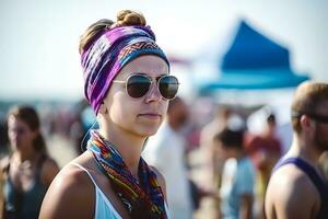 ai generado cerca arriba retrato de joven mujer en turbante. neural red ai generado foto