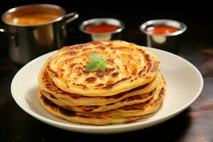 AI generated Delicious morning paratha, canai, or roti Maryam on a plate photo