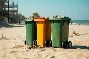 AI generated Beachside eco effort Four containers for garbage sorting, environmental conservation focus photo