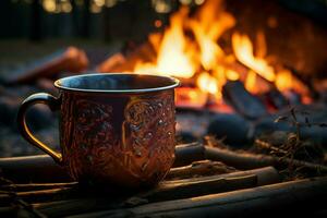 AI generated Nordic tranquility Coffee cup glows by the wilderness campfire photo