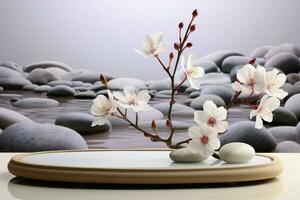 AI generated Serene 3D display, white background, adorned with rocks and blooming flowers photo