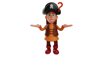 3d illustration. pirate 3d dessin animé personnage. le pirate est confus et interrogatoire quelque chose. une pirate avec une question marque sur il. pirate spectacles une mignonne expression. 3d dessin animé personnage png