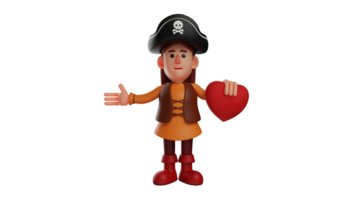 3D illustration. Loving Pirate 3D Cartoon Character. Romantic pirate holding a red love symbol. A beautiful woman who smiles and shows a happy expression. 3D cartoon character png