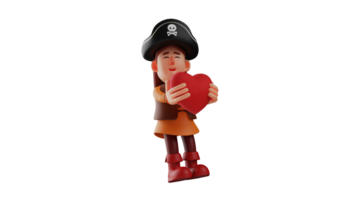 3D illustration. Little Girl 3D Cartoon Character. The little pirate smiled warmly. Beautiful girl wear pirate costumes and look cool. Pirate hugging red love symbol. 3D cartoon character png