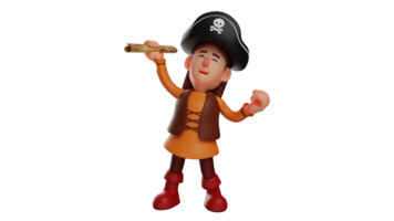 3D illustration. Amazing Pirate 3D Cartoon Character. Pirate raised his hand which was holding the map scroll. Pirate was happy because she reach her destination. 3D cartoon character png