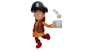 3d ilustración. niña 3d dibujos animados personaje. un hermosa niña quien gustos a vestir pirata disfraces un pequeño pirata corriendo mientras que lleva un vaso de caliente beber. 3d dibujos animados personaje png