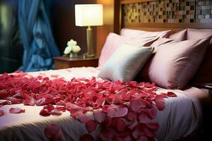 AI generated Romantic ambiance Rose petals scattered on a bed in a hotel room AI Generated photo