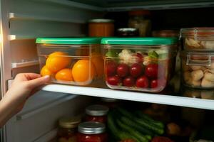 ai generado refrigerador encontrar recuperando un comida envase desde el refrigerador para un comida ai generado foto