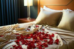 AI generated Hotel romance Bed adorned with rose petals creating a romantic setting AI Generated photo