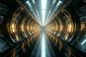 ai generado metálico elegancia en un futurista tecnología túnel con un reluciente terminar foto