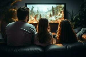 AI generated Family time Young friends enjoy movie on TV in living room photo