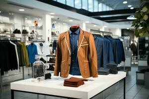 AI generated Trendy apparel displayed in clothing store, no people, fashionable retail photo