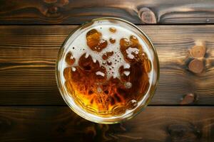 AI generated Wooden setting Glass of beer on background, top view mock up photo