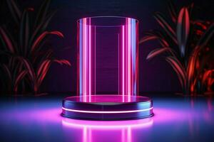 AI generated Neon allure Cylinder podium with dynamic lighting for captivating product displays photo