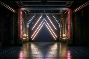 AI generated Mystical ambiance Dark building adorned with captivating neon illumination photo