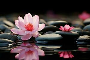 AI generated Zen serenity stone with a touch of pink flower tranquility photo