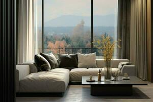 ai generado contemporáneo vivo grande ventana, gris sofá, negro y blanco almohadas foto