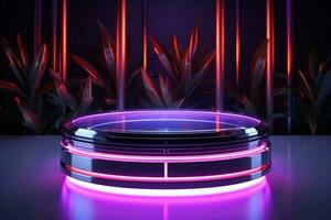 AI generated Eye catching podium Cylinder design with dynamic neon lighting for products photo