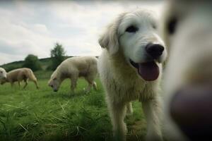 AI generated Flock of sheep with dog on green field. Neural network AI generated photo