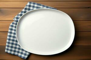 AI generated Neat presentation Top view of empty white plate tray photo
