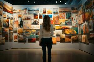 AI generated Captivating gallery exhibit Art enthusiast absorbed in appreciating diverse creative expressions photo