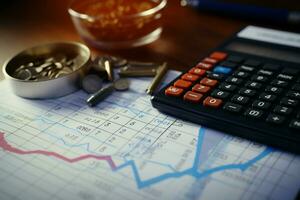 AI generated Finance analysis closeup of calculator, magnifying glass, and line graph photo