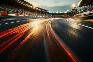 AI generated Blurred racing track with twisting traffic, dynamic bokeh background photo