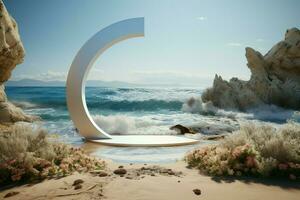 AI generated Coastal podium for product showcase, integrating the beauty of the beach photo