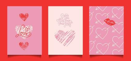 Set of Romantic Prints with crayon Drawing Style Hearts on a Light Pink and White Background. Cool Valentine s Day minimalistic Cards. Simple Vector Hand Drawn Illustrations with Love Symbols