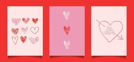 Valentine s day minimalistic greeting cards set with Pink and red Heart drawn with wax kids crayons. Rough textured vector hand drawn illustration.