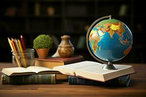 AI generated Educational exploration Earth globe surrounded by a collection of books AI Generated photo