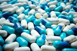 ai generado cuidado de la salud paleta azul blanco antibiótico cápsulas simbolizando farmacéutico industria conceptos foto
