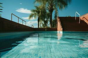 AI generated Nostalgic summer start Empty pool, rusty stairs, and tiled floor photo