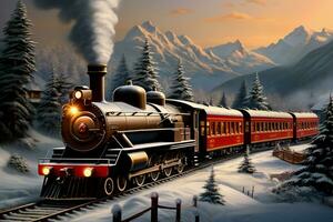 AI generated Christmas themed train traveling through a snowy winter landscape AI Generated photo