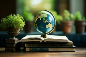 AI generated Educational exploration Earth globe surrounded by a collection of books AI Generated photo