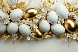 AI generated Minimalistic Easter flat lay with gold and white composition, eggs photo