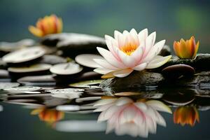 AI generated Scenic beauty a lotus flower with a stone on calm water photo