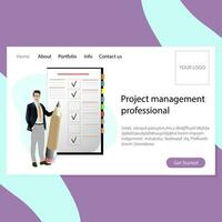 Project management professional landing page. Businessman with big pencil and list task. Vector confident guy planning his work illustration