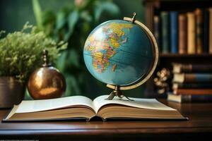 ai generado conocimiento en todo el mundo tierra globo emparejado con un apilar de libros ai generado foto