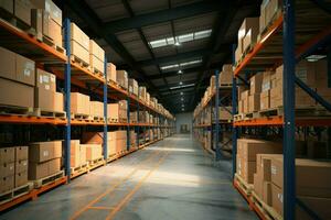 AI generated Warehouse with shelves full of merchandise, ready for global distribution photo