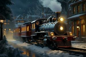 AI generated Christmas train rolling through a winter wonderland AI Generated photo