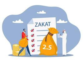 el hombre de negocios paga zakat de las ganancias en ramadan kareem concepto de zakat, fitrah en el mes sagrado de ramadan ilustración vectorial de caricatura plana vector