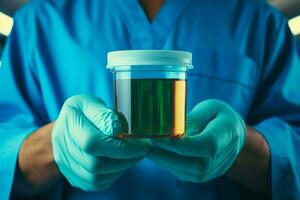 AI generated Medical care Doctor in blue uniform holds empty urine container photo