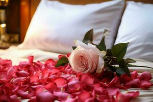 AI generated Romantic ambiance Rose petals scattered on a bed in a hotel room AI Generated photo