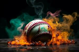 AI generated Dramatic flair Colorful baseball pops against a smoky and mysterious setting photo